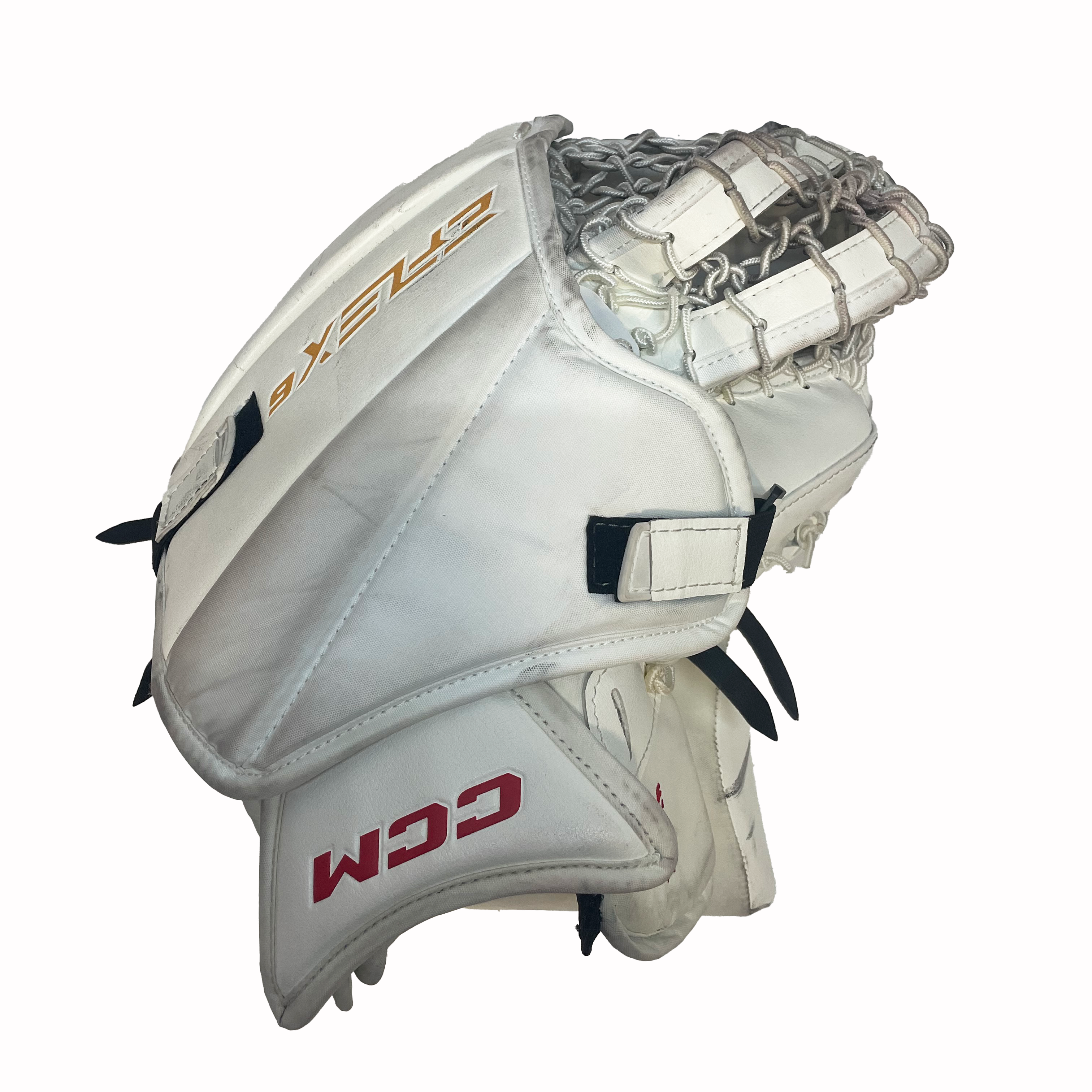 CCM Extreme Flex 6 - Gant de gardien de but AHL Pro Stock d'occasion (blanc/rouge) *Paume d'entraînement